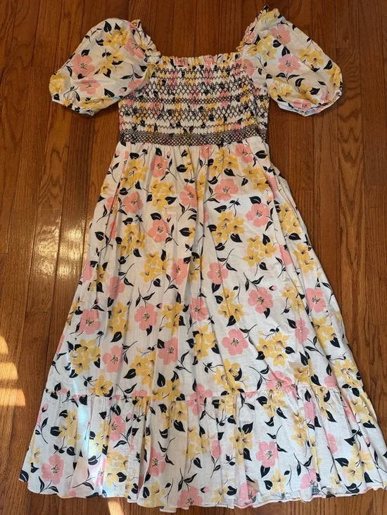kate spade White Floral Smocked Midi Dress with Pink & Yellow Blooms - Picture 3 of 3